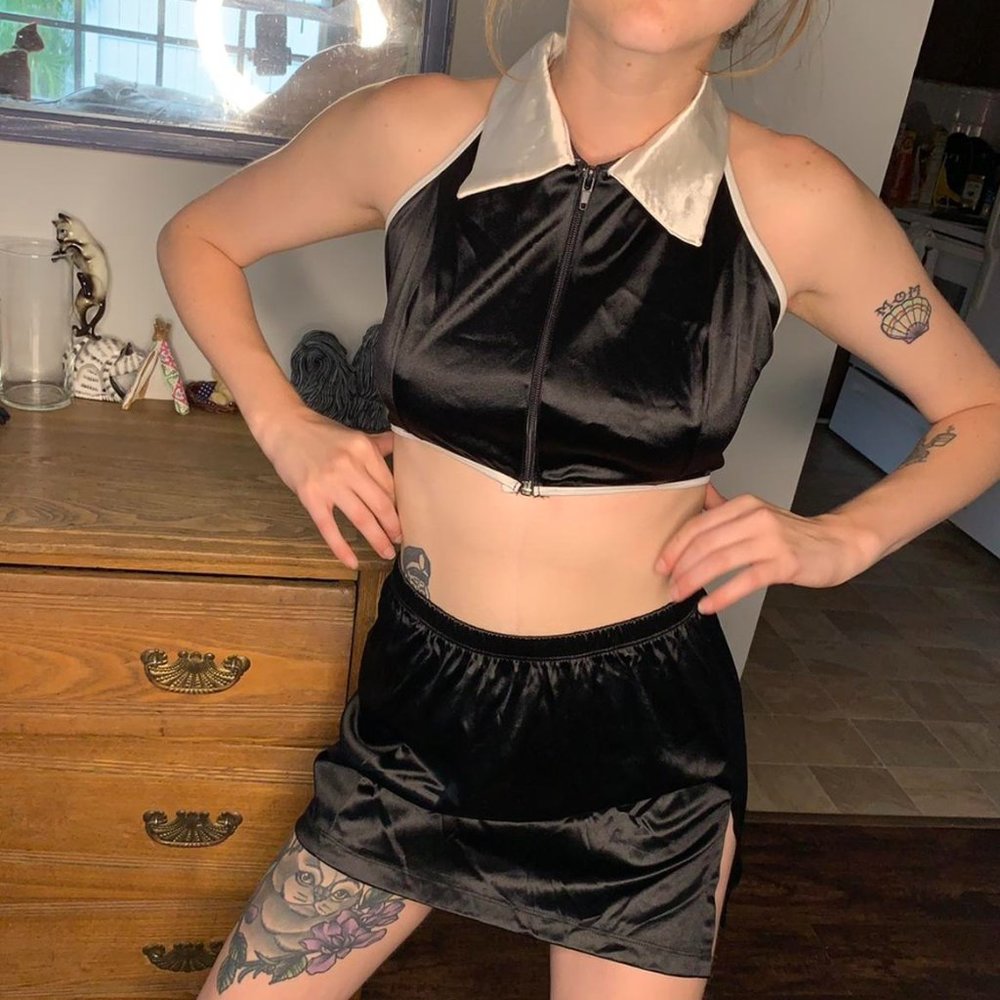 Vintage S.G. Escante  80s/90s two-piece black and white lingerie skirt set